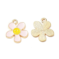 Pink Alloy Enamel Pendants, Flower with Smiling Face Charm, Cadmium Free & Nickel Free & Lead Free, Golden, Pink, 21.2~21.3x18x1.4~1.5mm, Hole: 2~2.2mm