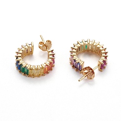 Real 18K Gold Plated Brass Micro Pave Cubic Zirconia Stud Earrings, Half Hoop Earrings, with Brass Ear Nuts, Ring, Colorful, Real 18K Gold Plated, 15x5mm, Pin: 0.7mm