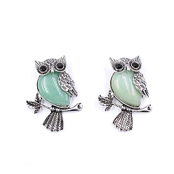 Green Aventurine Natural Green Aventurie Pendants, Antique Silver Plated Metal Owl Charms, 35~45mm