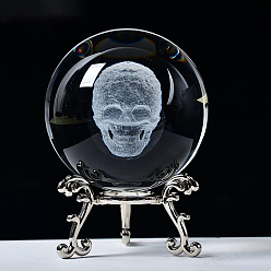 Clear Carving Skull Crystal Ball, Glass Sphere Decoration, with Platinum Tone Alloy Stand, Clear, 60mm