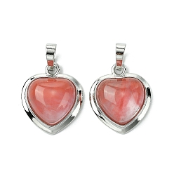 Вишневый Кварц Вишневое из кварцевого стекла подвески, подвески-сердечки со стойкой, фурнитура из латуни с платиновым покрытием, без кадмия и без свинца, без кадмия и без свинца, 23x19.5x8~9 мм, отверстие : 7x5 мм