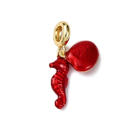 Красный Латунные эмалированные европейские подвески с подвесками, подвески с большим отверстием в форме ракушки морского конька, долговечный, стойки покрытие, без кадмия и без свинца, реальный 18 k позолоченный, красные, 32 мм, отверстие : 5.5 мм