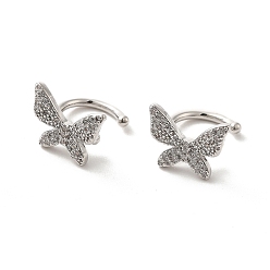 Platinum Brass Micro Pave Cubic Zirconia Cuff Earrings, Butterfly Non Piercing Earrings, Platinum, 6x8.5mm