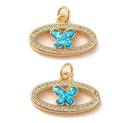 Real 18K Gold Plated Brass Micro Pave Cubic Zirconia with Synthetic Opal Pendants, with Jump Ring, Oval with Butterfly, Real 18K Gold Plated, 13x20x3mm