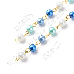 Blue Handmade Glass Pearl Round Beaded Chains, with Brass Eye Pins, Unwelded, Blue, 13x6mm, about 3.28 Feet(1m)/Box