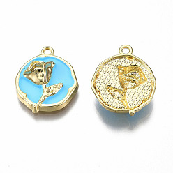 Deep Sky Blue Rack Plating Alloy Enamel Pendants, Cadmium Free & Lead Free, Light Gold, Flat Round with Rose, Deep Sky Blue, 21.5x18.5x5.5mm, Hole: 1.6mm