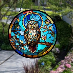 Owl Stained Acrylic Window Hanger Panel, with Metal Chain and Jump Rings, for Suncatcher Window Hanging Decoration, Owl, 150x2mm