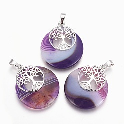 Natural Agate Natural Agate Pendants, with Platinum Tone Brass Findings, Flat Round with Tree of Life, Dyed, 32.5~33x27.5~28x5~6mm, Hole: 5x7mm