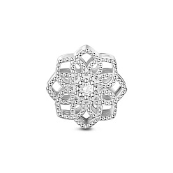 Clear TINYSAND Rhodium Plated 925 Sterling Silver Lovely Glittering Daisy European Beads, with Cubic Zirconia, Platinum, Clear, 13.13x13.04x9.64mm, Hole: 4.57mm
