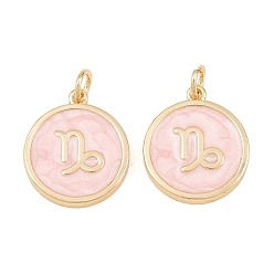 Capricorn Brass Enamel Pendants, Flat Round & Constellation Charms, Rack Plating, Long-Lasting Plated, Cadmium Free & Lead Free, Golden, Capricorn Charms, 17.5x15x2mm, Hole: 3mm