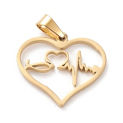 Golden 304 Stainless Steel Pendants, Laser Cut, Hollow, 
Heart with Heartbeat, Golden, 15~16x18~19x1mm, Hole: 3x5mm