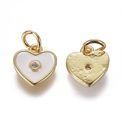 Белый Латунные микро проложить кубического циркония подвески, с эмалью, сердце, золотые, белые, 10x9x2 мм, отверстие : 3 мм