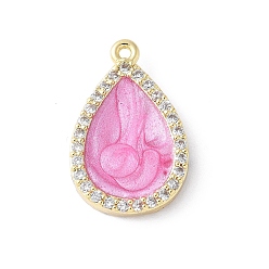 Pink Латунные микро проложить кубического циркония подвески, с эмалью, слезинки, стойки покрытие, долговечный, без свинца и без кадмия, реальный 18 k позолоченный, розовые, 18x11.5x3 мм, отверстие : 1 мм