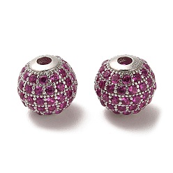 Fuchsia Rhodium Plated 925 Sterling Silver Micro Pave Cubic Zirconia Beads, Round, Real Platinum Plated, Fuchsia, 10x9mm, Hole: 2.2mm