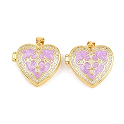 Фиолетовый Подвески латуни медальон, с эмалью и фианитом, без кадмия и без свинца, реальный 18 k позолоченный, стойки покрытие, долговечный, сердце прелести, фиолетовые, 22.5x24x9 мм, отверстие : 3x5 мм