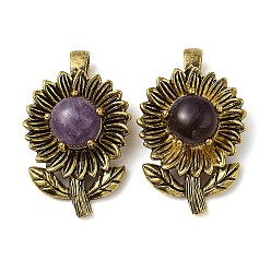 Amethyst Natural Amethyst Pendants, with Rack Plating Antique Golden Tone Brass Findings, Cadmium Free & Lead Free, Flower Charms, 34x22x15mm, Hole: 8x4.5mm