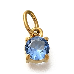 Свет Сапфира Ионное покрытие (ip) 304 подвески из нержавеющей стали со стразами, с целью перехода в кольце, плоские круглые прелести, реальный 14 k позолоченный, света сапфир, 8~8.5x6x4.5 мм, отверстие : 5x3 мм