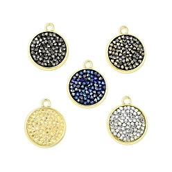 Mixed Color Rhinestone Pendants, with Light Gold Plated Brass Findings, Flat Round, Cadmium Free & Lead Free, Crystal, 22x18.5x2.5mm, Hole: 2mm