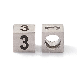 Number 303 Stainless Steel European Beads, Large Hole Beads, Cube with Number, Stainless Steel Color, Num.3, 7x7x7mm, Hole: 5mm
