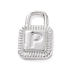 Letter P Eco-friendly Rack Plating Brass Pendants, Cadmium Free & Lead Free, Long-Lasting Plated, Lock with Alphabet, Platinum, Letter.P, 15x10x3mm, Hole: 3.5x4mm