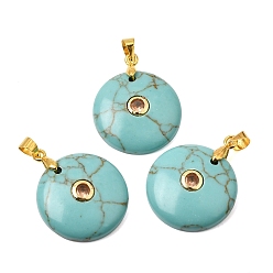 Synthetic Turquoise Synthetic Turquoise Pendants, Coin Charms with Brass Pave Cubic Zirconia Findings, Golden, 27x21x5mm, Hole: 4x3.5mm