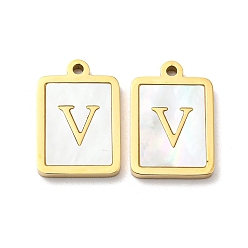 Real 14K Gold Plated 304 Stainless Steel Pave Shell Pendants, Rectangle Charms with Letter V, Real 14K Gold Plated, 18x12x2mm, Hole: 1.4mm