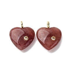 Клубничный Кварц Натуральные кварцевые подвески из клубники, подвески в форме сердца с латунной микропаве из прозрачных кубических цирконий, золотые, 30~32x25x8 мм, отверстие : 1.5 мм