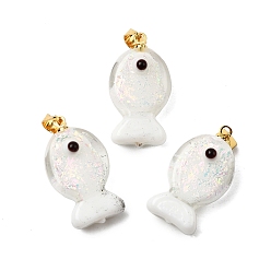 Белый Подвески ручной работы из дихроичной фольги в технике лэмпворк, с латунной фурнитурой , очарование рыбы, белые, 22.5~23.5x12.5~13x8.5~9.5 мм, отверстие : 4.5x4 мм