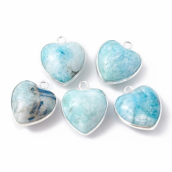 Hemimorphite Natural Hemimorphite Dyed Pendants, with Silver Color Plated Brass Findings, Heart Charms, 18~19x15~17x7~10mm, Hole: 2mm