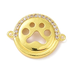 Clear Real 18K Gold Plated Brass Micro Pave Cubic Zirconia Connector Charms, Flat Round with Hollow Paw Print Links, Clear, 15x19x3mm, Hole: 1.1mm