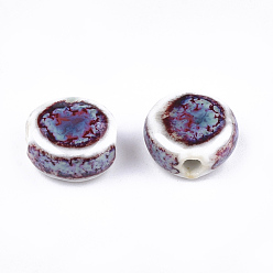 Colorful Handmade Porcelain Beads, Fancy Antique Glazed Porcelain, Flat Round, Colorful, 10~11x10.5~11x5~5.5mm, Hole: 1.5~2mm
