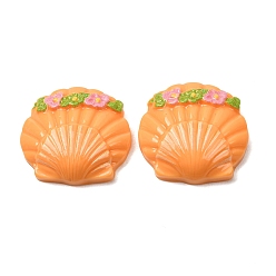 Orange Opaque Resin Cabochons, Shell Shape with Flower, Orange, 21x22x7mm