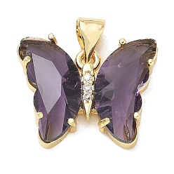 Indigo Brass Micro Pave Clear Cubic Zirconia Pendants, with Glass, Butterfly Charms, Lead Free & Cadmium Free, Long-Lasting Plated, Rack Plating, Real 18K Gold Plated, Indigo, 15x19x5mm, Hole: 5x3.5mm