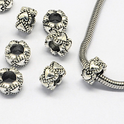Antique Silver Alloy European Beads, Large Hole Beads, Rondelle, Antique Silver, 10x6mm, Hole: 5mm