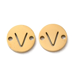 Letter V Ion Plating(IP) 304 Stainless Steel Connector Charms, Flat Round with Letter, Golden, Letter V, 9x1~1.5mm, Hole: 1~1.4mm