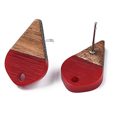 Dark Red Opaque Resin & Walnut Wood Stud Earring Findings, with 304 Stainless Steel Pin and Hole, Two Tone, Teardrop, Dark Red, 17.5x11mm, Hole: 1.8mm, Pin: 0.7mm