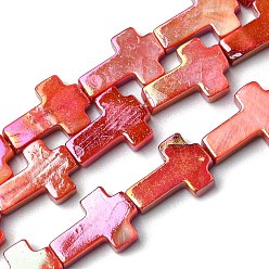 Crimson Natural Freshwater Shell Beads Strands, Dyed, AB Color Plated, Cross, Crimson, 12.5~13x9~9.5x2.5~3mm, Hole: 0.5mm, about 29pcs/strand, 14.96''~15.16''(38~38.5cm)