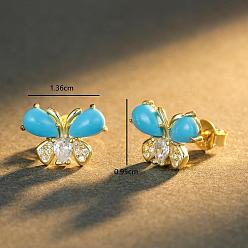 Plaqué 18K Or Véritable Boucles d'oreilles papillon en argent sterling serties de micro-pavés de zirconiums cubiques pour femmes, avec turquoise, réel 925 k plaqué or, 18mm