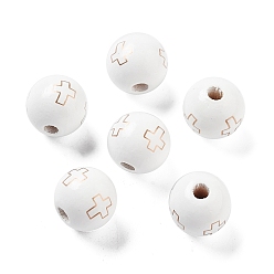 White Wood European Beads, Large Hole Beads, Round with Cross, White, 15.5~16x14.5mm, Hole: 4mm