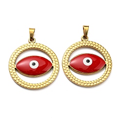 Red Ion Plating(IP) 304 Stainless Steel Pendants, with Enamel, Flat Round with Evil Eye Charm, Golden, Red, 28.5x25.5x3mm, Hole: 5x3.5mm