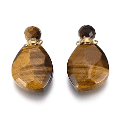 Tiger Eye Faceted Natural Tiger Eye Openable Perfume Bottle Pendants, with Golden Tone 304 Stainless Steel Findings, 38~39.5x22.5~23x11~13.5mm, Hole: 1.8mm, Bottle Capacity: 1ml(0.034 fl. oz)