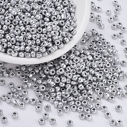 Platinum Plated 8/0 Electroplate Glass Seed Beads, Round Hole Rocailles, Platinum Plated, 3x2.3mm, Hole: 0.7mm