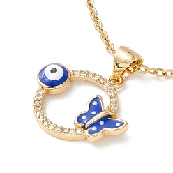 Blue Clear Cubic Zirconia Ring with Evil Eye and Butterfly Pendant Necklace, 304 Stainless Steel Jewelry for Women, Golden, Blue, 17.72 inch(45cm)