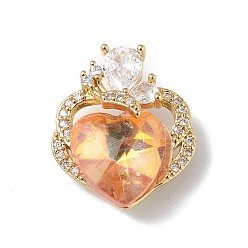 PeachPuff Real 18K Gold Plated Rack Plating Brass Micro Pave Clear Cubic Zirconia Pendants, with Glass, Long-Lasting Plated, Cadmium Free & Lead Free, Butterfly with Heart Charm, PeachPuff, 21x17.5x8mm, Hole: 3.5x2.5mm