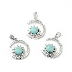 Synthetic Turquoise Synthetic Turquoise Pendants, with Platinum Tone Brass Findings, Lead Free & Cadmium Free, Moon with Sun Charms, 29~30x23x7.5~8mm, Hole: 5x8mm