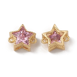 Pearl Pink Rack Plating Brass Cubic Zirconia Connector Charms, Cadmium Free & Lead Free, Long-Lasting Plated, Real 18K Gold Plated, Star, Pearl Pink, 10x11x5.5mm, Hole: 1mm