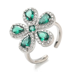 Зеленый Кольца-манжеты из цветочной латуни с микропаве из кубического циркония для женщин, без кадмия и без свинца, стойки покрытие, платина, зелёные, 19.5x20.5 мм, внутренний диаметр: 17.2 мм