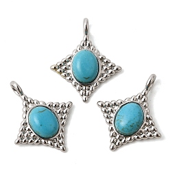 Платина Синтетические бирюзовые подвески, Подвески в форме ромба с латунными оправами, платина, 23.5x19~19.5x5 мм, отверстие : 3 мм