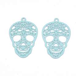 Pale Turquoise 430 Stainless Steel Filigree Pendants, Spray Painted, Etched Metal Embellishments, Skull, Pale Turquoise, 23x15x0.5mm, Hole: 1.2mm