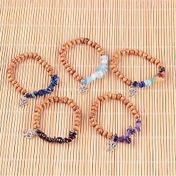 Mixed Stone Natural Chip Gemstone Beaded Charm Bracelets, with Round Wood Beads and Tibetan Style Alloy Om Symbol Pendants, 45mm